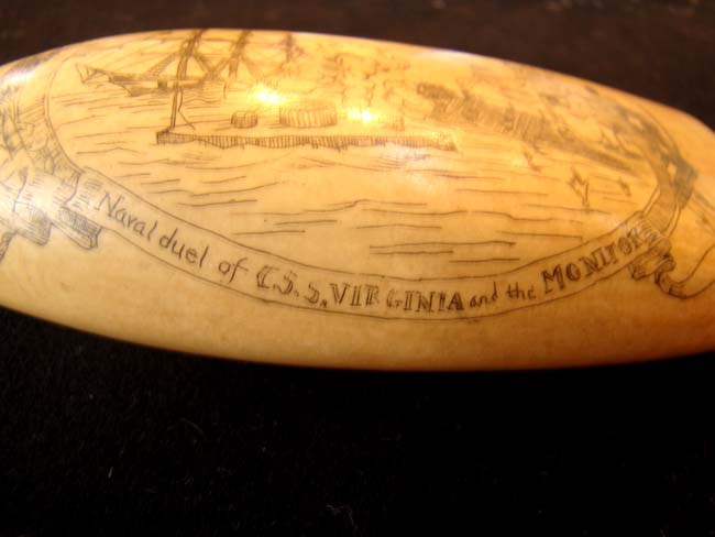 A fine late 19th or early 20th century scrimshawed whale's tooth with Civil War naval battle — image 2